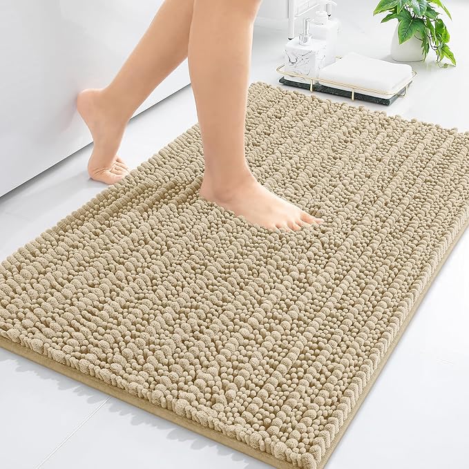 Arotive Luxury Chenille Bathroom Rug Mat, Extra Soft Thick Absorbent Shaggy Bath Rugs, Non-Slip Machine Wash Dry, Plush Bath Mats for Bathroom, Shower and Tub, 30x17, Beige