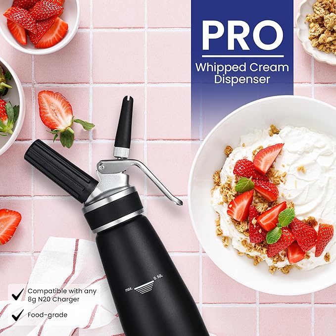PRO Cream Dispenser, Durable High-Grip, Metal Lid with Rubber, 3 Nozzles, for Hot/Cold Use, Cleaning Brush Included, Black - 500 ml / 1 Pint