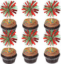 30 PCS Foil Firework Cupcake Toppers Sparkle Tinsel Cupcake Picks Happy Birthday Cake Decorations Drink Stirrers Cocktail Food Fruit Toothpicks for Baby Shower Graduation Party Supplies Red Green