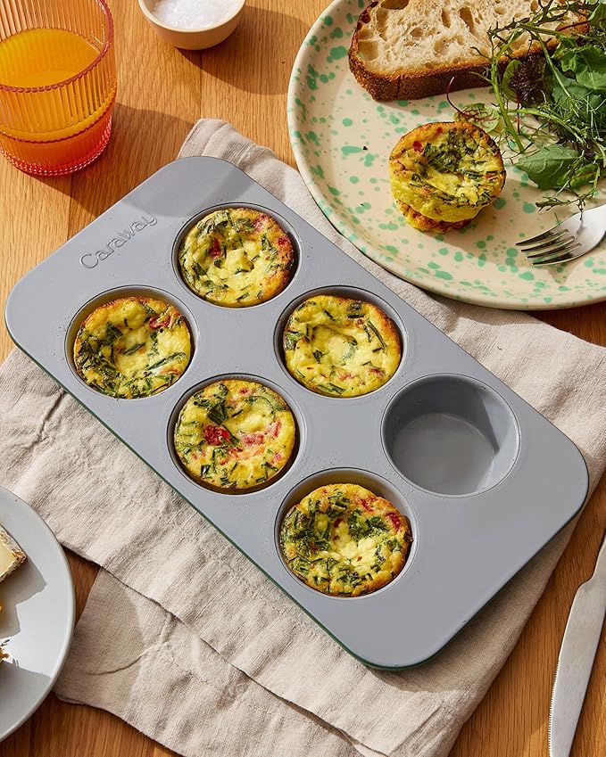 Caraway Nonstick Ceramic 6 Cup Muffin Pan – Non-Toxic, PTFE & PFOA Free – Oven Safe – Aluminized Steel Core – Small Muffin Pan for Baking Cupcakes, Muffins & More - Gray