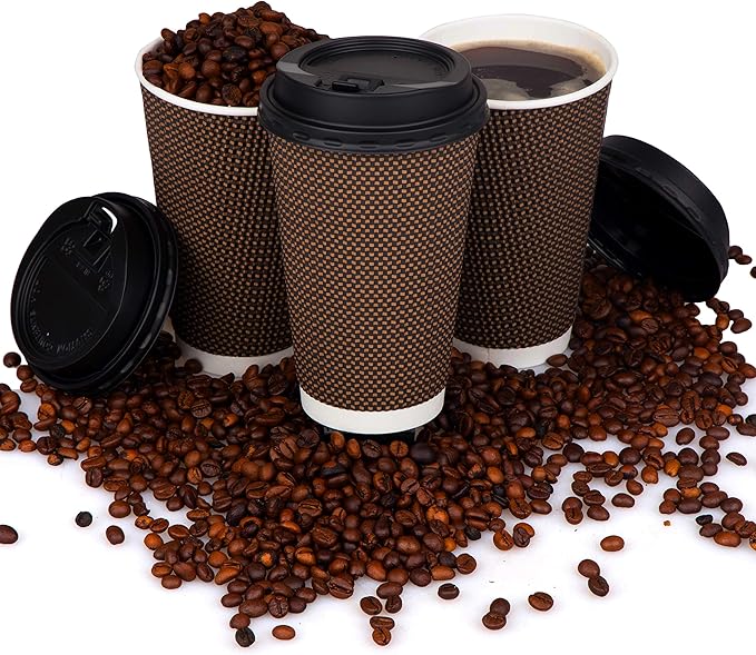 Promora Brown Disposable Coffee Cups With Lids 16 oz, Premium Insulated Paper Ripple Cups for Hot Coffee (80 Pack)