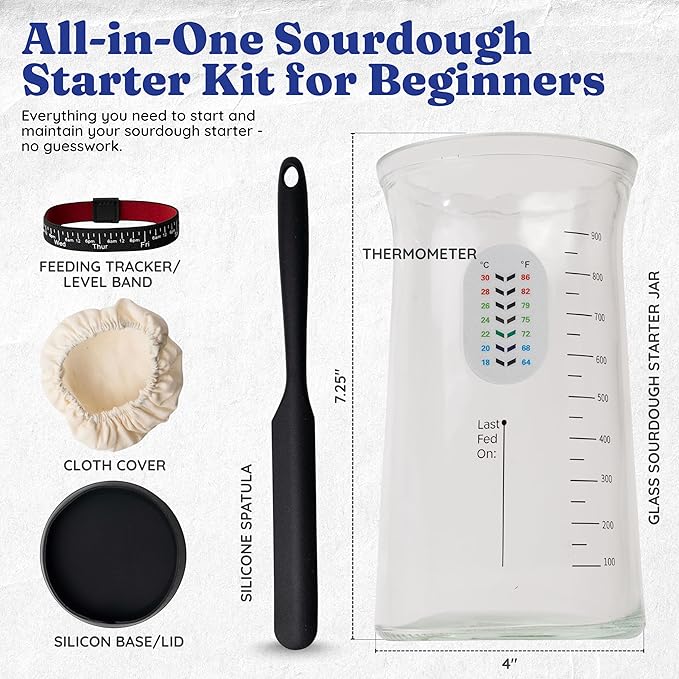 Complete Gluten Free Sourdough Starter Kit: Gluten Free 100+ Year Old Dehydrated Sourdough Starter, Sourdough Jar, Feeding Band, Cloth Cover, Spatula & Thermometer - Beginner Friendly Sourdough Kit