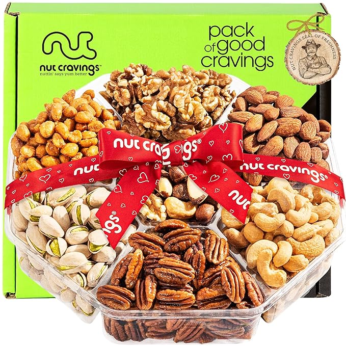 NUT CRAVINGS - Thanksgiving Mixed Nuts Gift Basket + Heart Ribbon (7 Assortments) Holiday Xmas Christmas Food Arrangement, Healthy Snack Care Package, Food Assortments