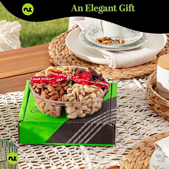 NUT CRAVINGS - Thanksgiving Mixed Nuts Gift Basket + Heart Ribbon (4 Assortments) Holiday Xmas Christmas Food Arrangement, Healthy Snack Care Package, Food Assortments