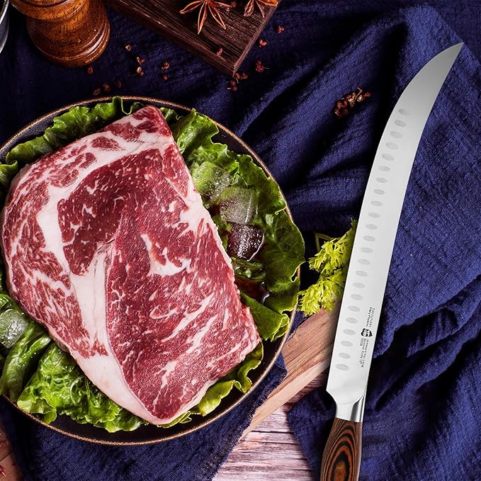 TUO Butcher Knife - 12 Inch Breaking Butcher s Knives Curved Granton Edge Carver Slicing Knife Long Meat Veggies Cleaver - German HC Steel Comfortable Pakkawood Handle - Fiery Series Gift Box Included