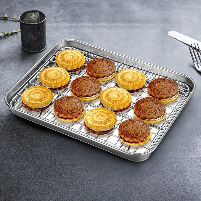 Baking Sheet with Rack Set, Yododo Set of 4 (2 Sheets + 2 Racks), Stainless Steel Cookie Sheet Baking Pan Tray with Cooling Rack, Non Toxic & Heavy Duty & Easy Clean - Size of 12 inch