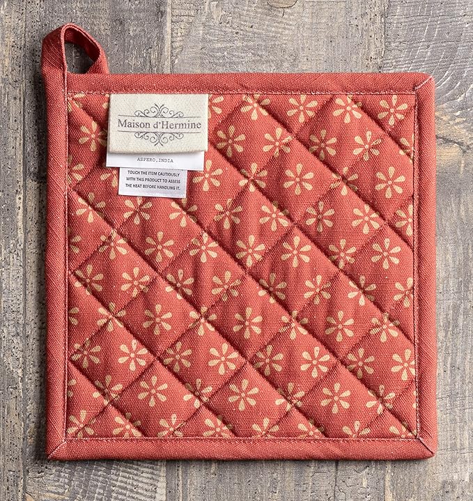 Maison d' Hermine Pot Holders 100% Cotton Heat Resistant Potholders 8" x 8" Hot Pads with Loop BBQ, Cooking, Baking, Grilling, Kitchen, Handling Hot Pans (Pack of 1, Romane)