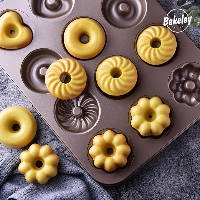 Donut Mold Cake Pan, 12-Cavity Non-Stick Ring Doughnut Bakeware for Oven Baking (Champagne Gold)