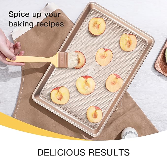 HONGBAKE Baking Sheet Pan Set of 3, Cookie Sheets for Oven, Nonstick Half/Quarter/Jelly Roll Pans with Diamond Texture Pattern, 0.8mm Thick Heavy Duty Cookie Tray, Champagne Gold