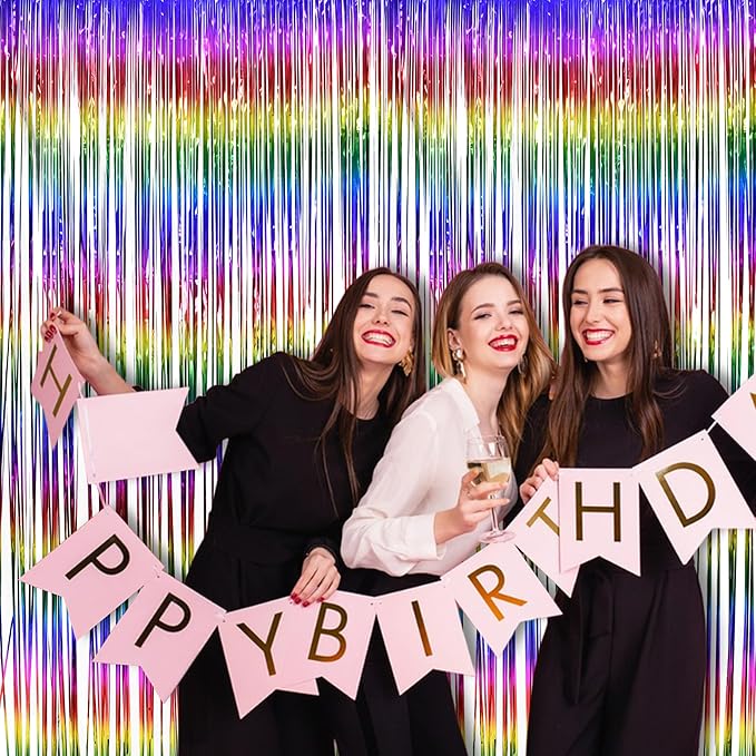 BRAVESHINE Fringe Backdrop Tinsel Foil Curtains - 2 Pack Colorful Metallic Streamers Backdrops for Doorway Decor/80's/90's/Dance/Graduates/Rainbows-Theme/Candylands/Kids Birthdays Party Decorations