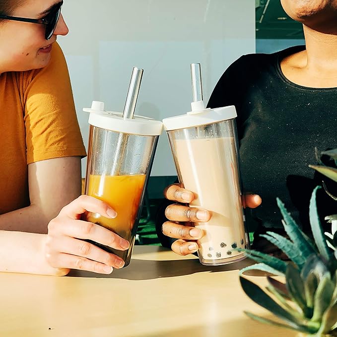 Dodoko Reusable Boba Cup and Straw Boba Tea Cup Bubble Tea Cup Reusable Iced Coffee Cup Cold Coffee Cup Smoothie Cup with Lid and Straw Smoothie Cup to go Smoothie Tumbler 17 oz - Bubble Pink