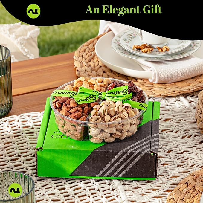 NUT CRAVINGS - Thanksgiving Mixed Nuts Gift Basket + Green Ribbon (4 Assortments) Holiday Xmas Christmas Food Arrangement, Healthy Snack Care Package, Food Assortments