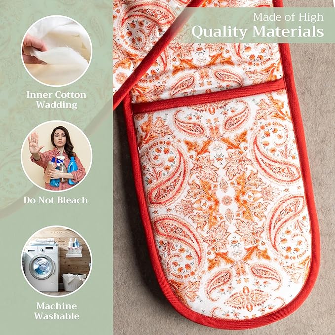 Maison d' Hermine Double Oven Mitts 100% Cotton 7"x35" Double Oven Mitt Heat Resistant BBQ Cooking Gloves with Loop, Baking, Grilling, Home, Kitchen, Handling Hot Pans (Orient)