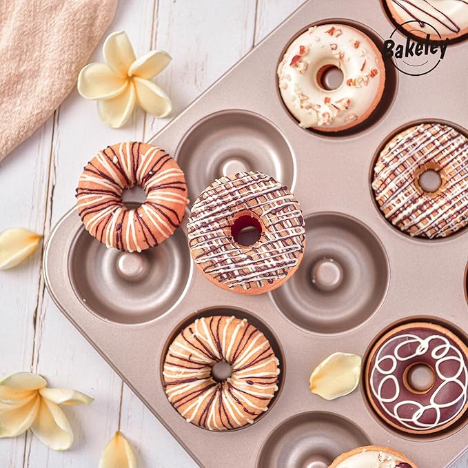 Donut Pan, 12-Cavity Non-Stick Dount Mold Cake Pan Pattern Doughnut Bakeware for Oven Baking (Champagne Gold)
