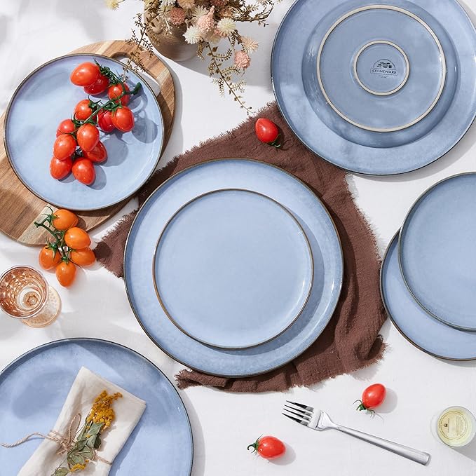 Herogo 6-Piece Stoneware Dinner Plates Set, 10.43" Ceramic Round Plate Set, Handmade Double Reactive Glaze Dinnerware Plates for Kitchen, Microwave, Oven and Dishwasher Safe, Haze Blue
