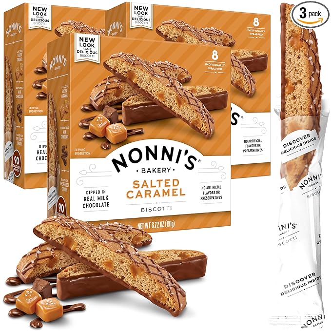Nonni's Salted Caramel Biscotti Italian Cookies - 3 Boxes - Biscotti Individually Wrapped Cookies - Italian Biscotti Cookies w/Rich Milk Chocolate & Sea Salt - Kosher - 6.72 oz