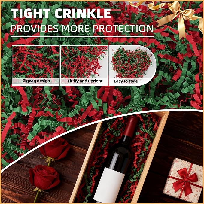 LWWTBS Crinkle Cut Paper 7oz Shredded Packing Grass Cushion Paper for Gift Baskets Christmas Wedding Birthday Bridesmaid Engagement Craft Gift boxes Bags Filler (Christmas)