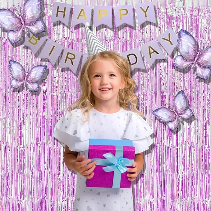 BRAVESHINE Clear Purple Party Decorations Iridescent Foil Curtain - 2 Pack 3.2 x 6.5 ft Holographic Tinsel Backdrop Party Streamers Curtains for Birthdays Valentine’s Bachelorette Bridal Shower Decor