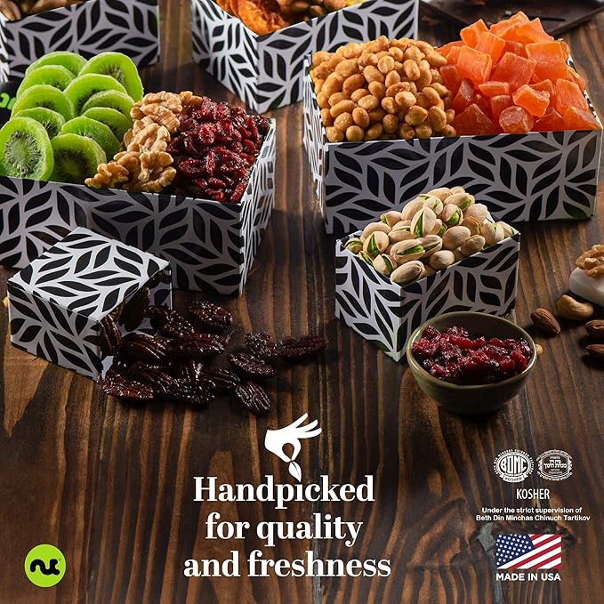 NUT CRAVINGS - Thanksgiving Dried Fruit & Mixed Nuts Gift Basket Leaf Tower + Ribbon (12 Assortments) Holiday Xmas Christmas Food Arrangement, Healthy Snack Care Package