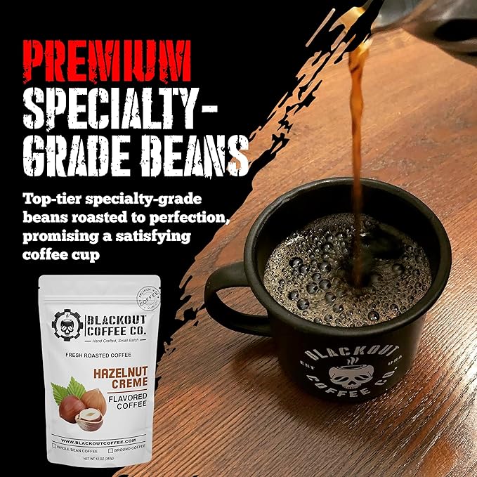 Blackout Coffee Hazelnut Creme Flavored - Freshly Roasted in the USA - 12 oz Ground Coffee Pouch