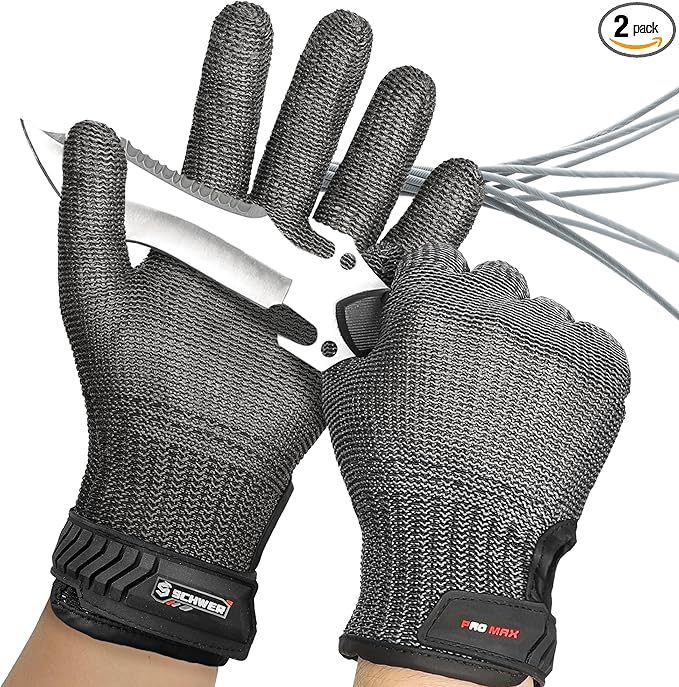 Schwer Ultimate Cut Resistant Gloves Beyond ANSI A9, Reinforced Stainless Steel Glove, Food Grade Mesh Metal Gloves for Butcher Meat Cutting, Oyster Shucking, Mandoline, Non-PFAS, PR1708 (M, 2 PCS)