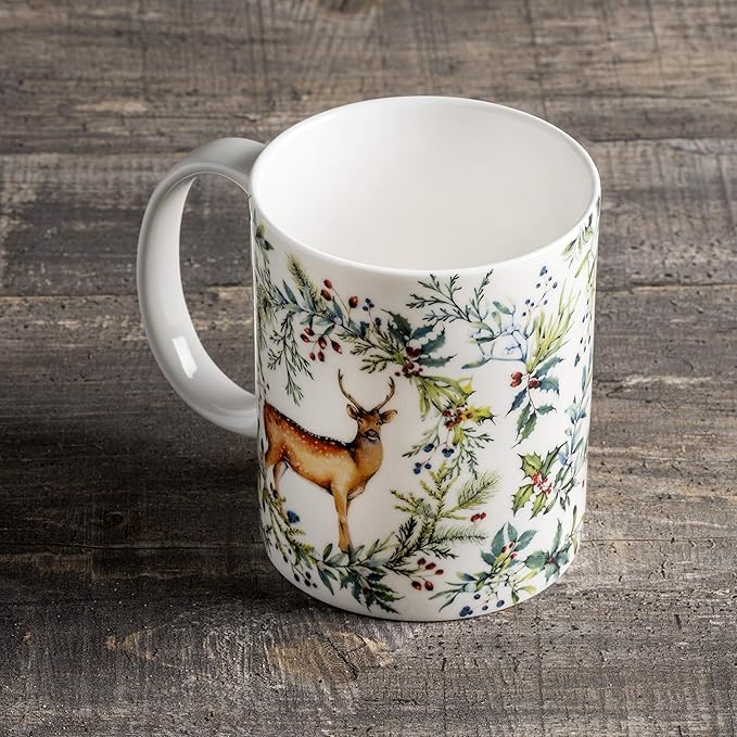 Maison d' Hermine Coffee Mug with Handles Fine Bone China Mugs Pack of One Tea Cups for Hot Beverages Cappuccino Latte Home Restaurant Office Perfect for Gift (Holly Time - Biche, 15 Ounce)