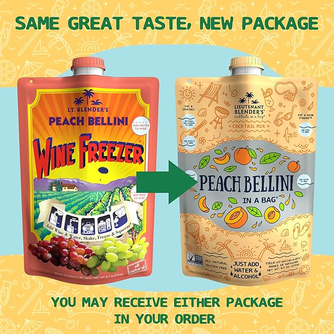 Lt. Blender's Peach Bellini in a Bag - Wine Slushie Mixes - Each Bag Makes 1/2 Gallon of Frozen Peach Bellini Mix – Non-GMO Wine Freezer mix - Make with Wine, Liquor or as a Mocktail - (Pack of 4)