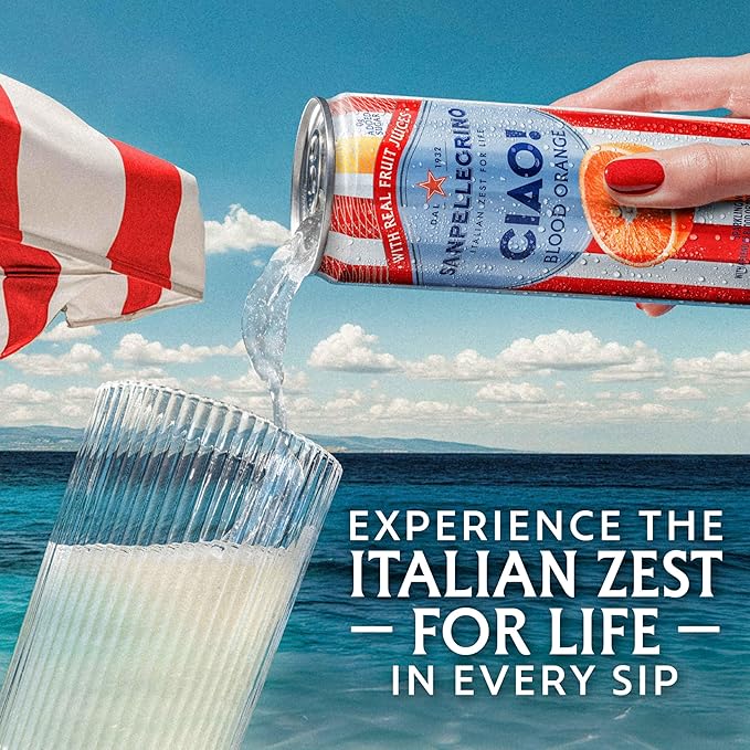 Sanpellegrino CIAO Blood Orange Sparkling Water, Low-Calorie Italian Sparkling Water with Real Fruit Juices, 0g Added Sugar, 24-Pack