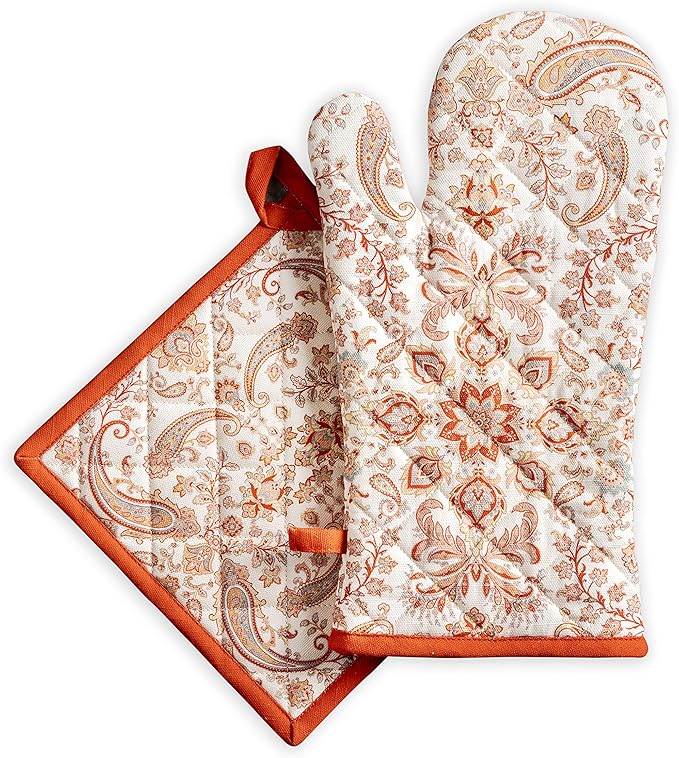 Maison d' Hermine 100% Cotton Oven Mitt & Pot Holder Set (7.5"x13" & 8"x8") Heat Resistant BBQ Cooking Gloves with Loop, Baking, Grilling, Kitchen, Handling Hot Pans (Cachemire)