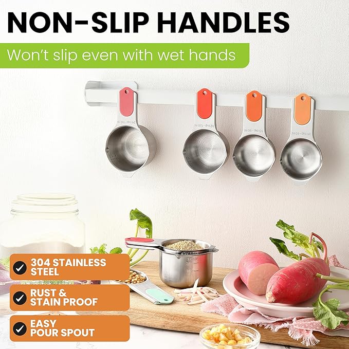 Spring Chef Magnetic Stainless Steel Measuring Cups (Patent Pending), Kitchen Tools with Easy to Read Markings for Measuring Dry or Liquid Ingredients, Set of 7, Desert Sunset
