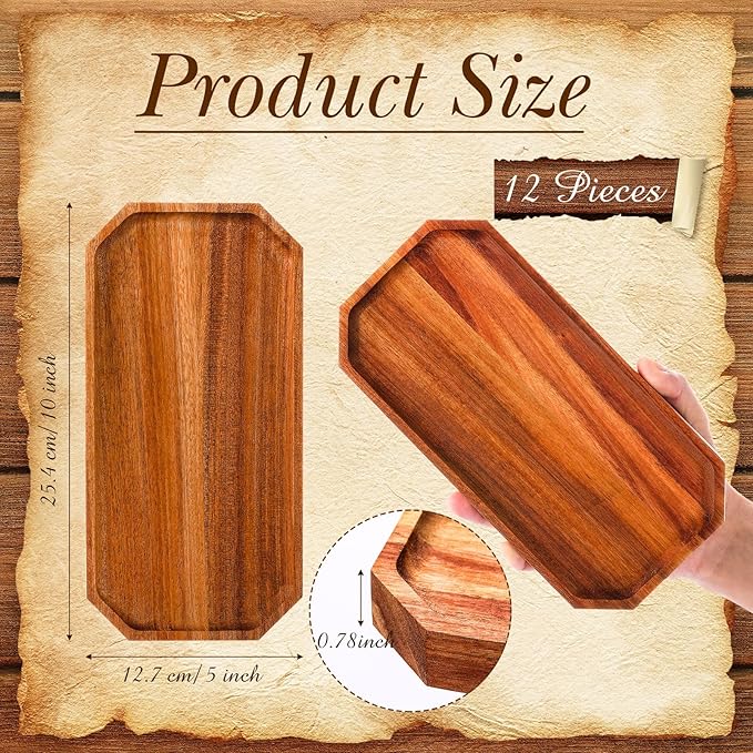 Dandat 12 Pack Wooden Serving Platter Bulk Acacia Wood Platters 10 x 5 Inch Rustic Serving Tray Rectangular Charcuterie Board Cheese Plate for Home Decor Dessert Vegetables Fruit Cookie