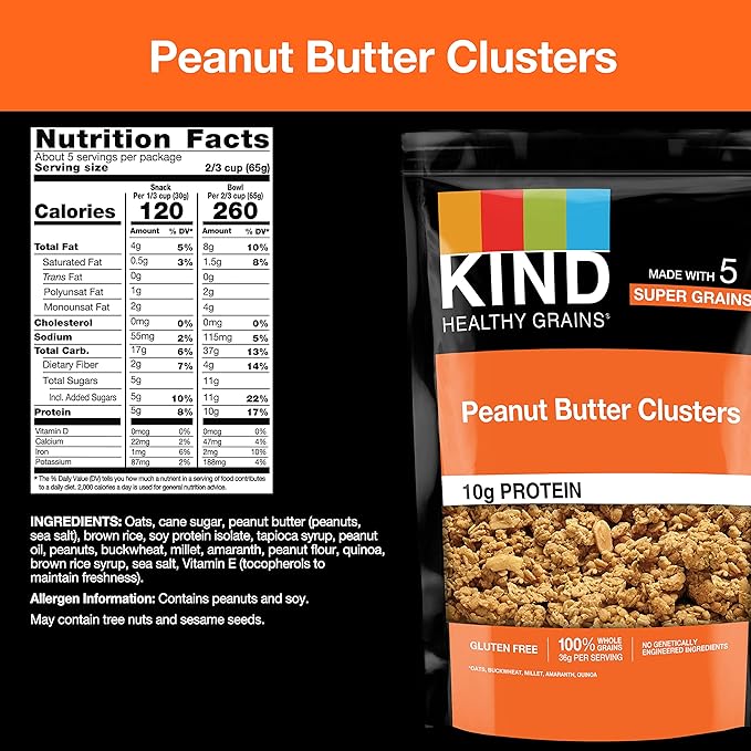 KIND Healthy Grains Granola, Peanut Butter Clusters, Healthy Snacks, Gluten Free, 100% Whole Grains, 10g Protein, 11oz, 3 Count