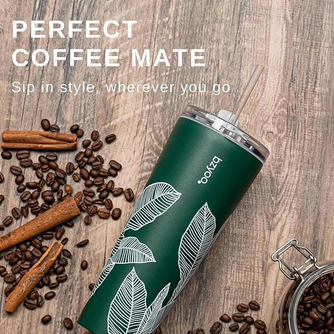 bzyoo SUP Double Wall Vacuum Insulated Tumbler with Straw and Lid Stainless Steel Water Bottle Travel Mug Cup Valentines Gifts For Him & Her, 24oz (710ml) Color: Leaf Green