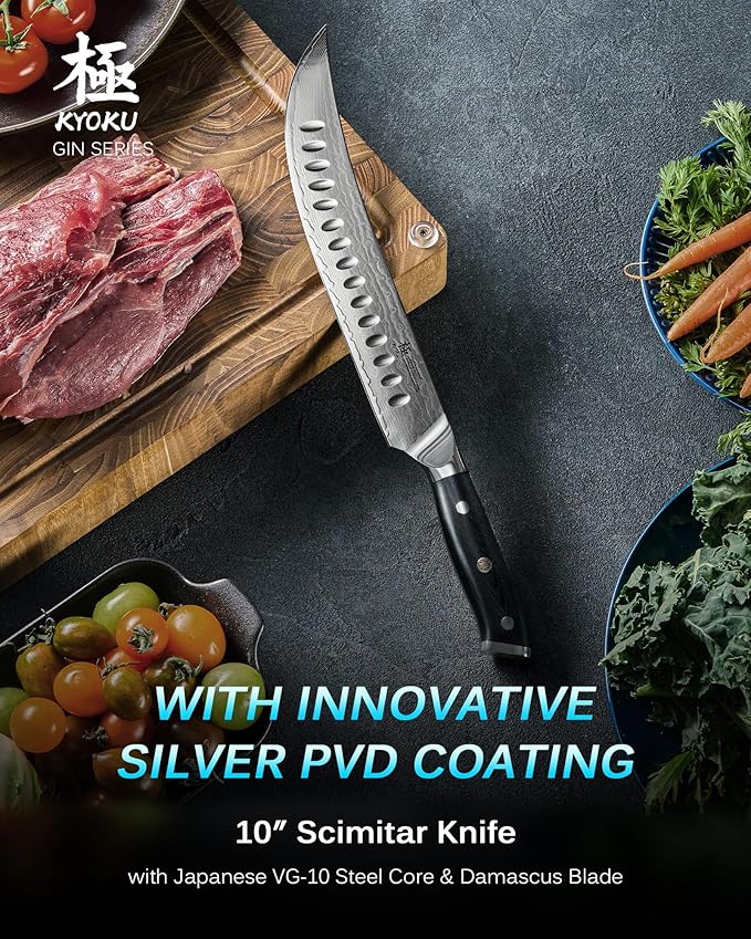 KYOKU 10" Scimitar Knife, Gin Series Cimitar Breaking Knife with Silver PVD Coating Damascus Blade, Japanese VG10 Stainless Steel Butcher Knife, Full Tang Brisket Kitchen Knife with Sheath & Case