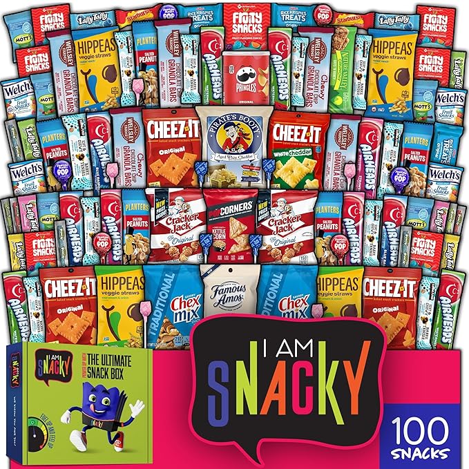 I AM Snacky - Thanksgiving Snack Box Variety Pack Care Package + Greeting Card - SNACKY'S PARTY PACK (100 Count) Birthday Sweet Treats Gift Basket, Candies Chips, Office Food Assortments