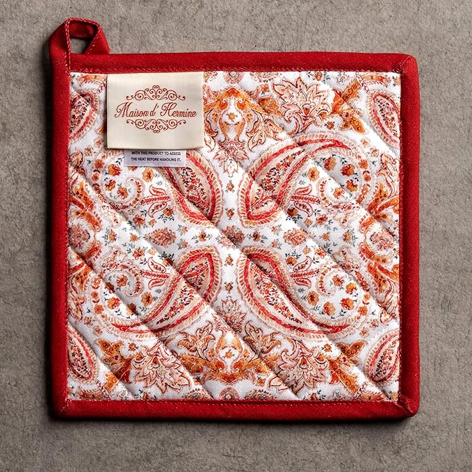Maison d' Hermine Pot Holders Set 100% Cotton Heat Resistant Potholders 8" x 8" Hot Pads with Loop BBQ, Cooking, Baking, Grilling, Kitchen, Handling Hot Pans (Pack of 2, Orient)