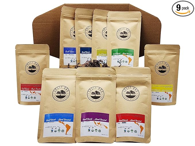 Best Coffee Gift Box Set 9 Assorted Coffees Sumatra Timor Colombia Ethiopia Honduras Mexico Guatemala Brazil Peru. All Amazing Coffee from all Over the World (9 Pack Whole Beans Assorted Coffee 2oz)