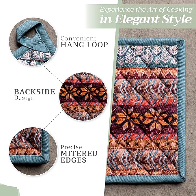 Maison d' Hermine Pot Holders Set 100% Cotton Heat Resistant Potholders 8" x 8" Hot Pads with Loop BBQ, Cooking, Baking, Grilling, Kitchen, Handling Hot Pans (Pack of 2, Fair Isle)