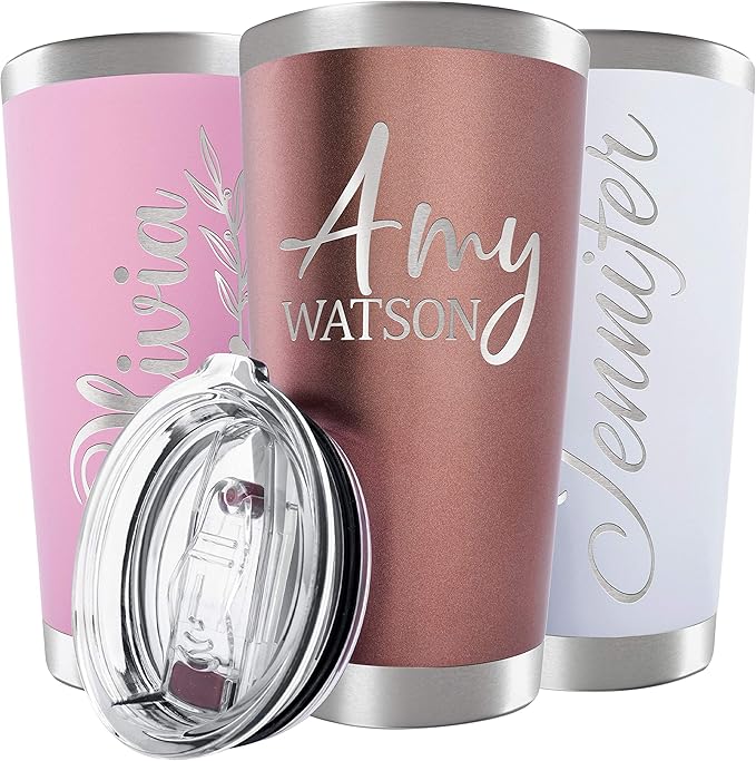 Personalized Tumbler with Engraved Name - 12 Designs, 20 Oz Coffee Tumbler with Slider Lid, Rose Gold, Double Wall Insulated - Custom Gifts for Women