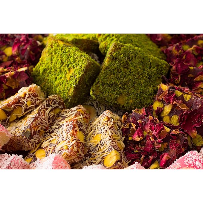 Cerez Pazari Turkish Delight Pistachio with Fantastic Rose & Pomegranate Flavour Experience in Luxury Gift Box 8.8 oz | Assorted Gourmet Soft Candy, Sweet Vegan Traditional Lokum (Loukoumi) (9-11 Pcs)