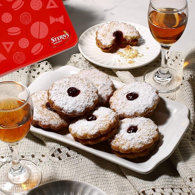 STERN'S BAKERY Linzer Tart Cookies – Christmas Cookies in a Tin | Raspberry Shortbread Cookies – Gourmet Holiday Food Gifts for Women, Corporate & Friends – Kosher, Nut Free, Dairy Free