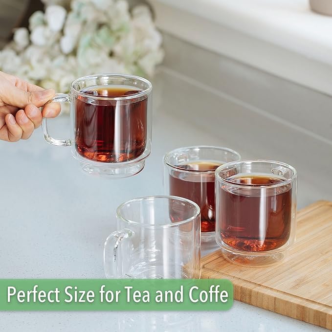BTaT- Stackable Espresso Cups, Set of 4 (5.0 oz, 150 ml), Double Wall Glass Coffee Mugs, Clear Tea Cup, Demitasse