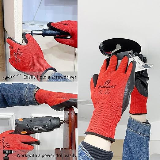 I9 Essentials Nitrile Coated Work Gloves - 12 Pairs Large, Durable, Breathable Safety Gloves for Construction, Gardening, Carpentry – Washable, Reusable for men and women