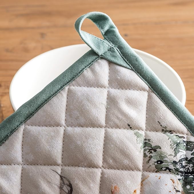 Maison d' Hermine 100% Cotton Oven Mitt & Pot Holder Set (7.5"x13" & 8"x8") Heat Resistant BBQ Cooking Gloves with Loop, Baking, Grilling, Kitchen, Handling Hot Pans (Deer in The Woods)