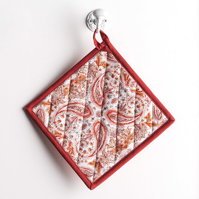 Maison d' Hermine Pot Holders Set 100% Cotton Heat Resistant Potholders 8" x 8" Hot Pads with Loop BBQ, Cooking, Baking, Grilling, Kitchen, Handling Hot Pans (Pack of 2, Orient)