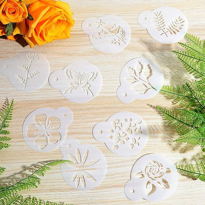 Marspark 30 Pieces Coffee Stencil Cookie Cake Stencils Latte Art Reusable Plastic DIY Bake Stencils Leaves Butterfly Flowers Bird for Coffee Cookie Drawing