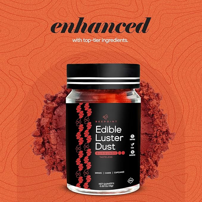 BeePoint Burgundy Edible Luster Dust 15g - Food Grade, Vibrant Color Shimmer Powdered Dust for Drinks, Cocktails, Cake Decorating, Baking, Chocolates, Candy, Sweets, & Cookies - Vegan & Gluten Free