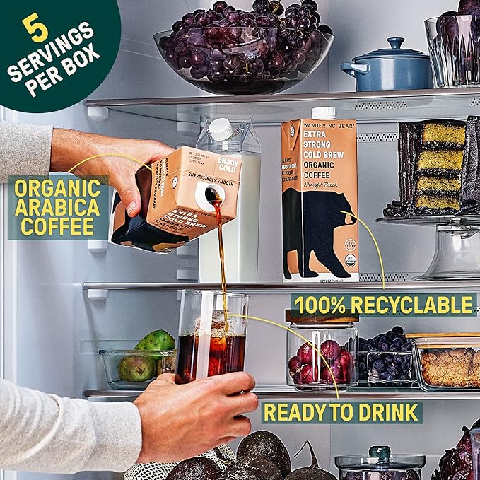 Wandering Bear Straight Black Organic Cold Brew Coffee, 32 fl oz, 6 pack - Extra Strong, Bold, Smooth, Unsweetened, Shelf-Stable, Ready to Drink, 100% Organic, Iced Cold Brewed Coffee Drinks