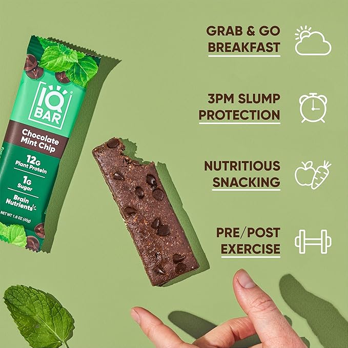 IQBAR Brain and Body Plant Protein Bars - Chocolate Mint Chip - 12-Count - Keto, Vegan, Low Carb, High Fiber, Gluten Free, Dairy Free, Low Sugar Snack with Nutrients for Focus, Energy, Meal Replacement