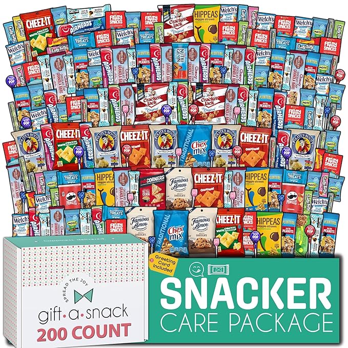 Gift A Snack - Thanksgiving, Holiday, Christmas Stocking Stuffer Snack Box Care Package Variety Pack + Greeting Card (200 Count) Birthday Sweet Treats Gift Basket, Candies Chips Crackers Bars